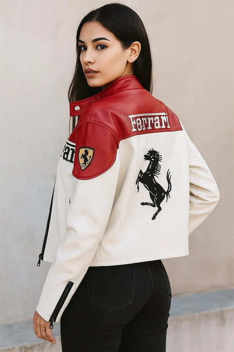 Woman wearing a Ferrari jacket with red and white design
