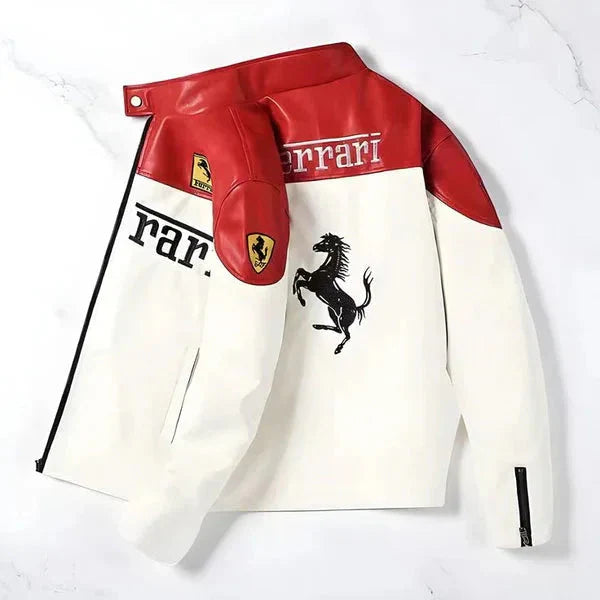 Red and white jacket with Ferrari logo on a white background